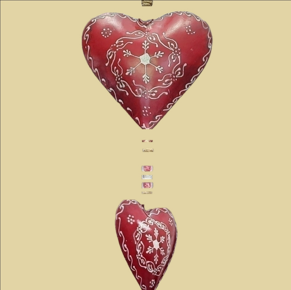 Folk Art Red White Cottage Core Mobile Puffy 3D Metal Hearts & Beads Valentine's